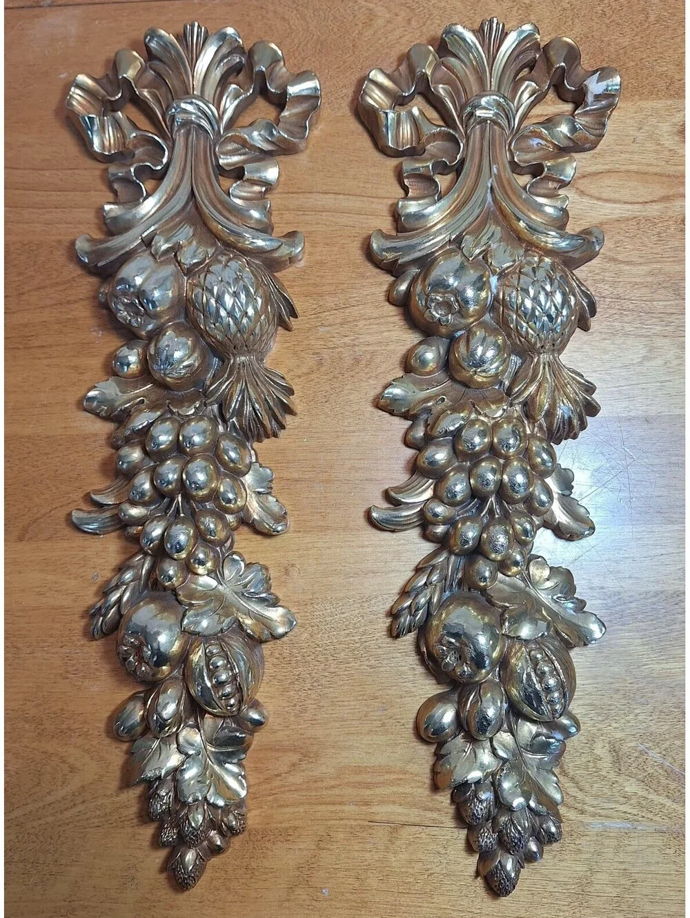 Vintage Syroco Gold Fruit Wall Plaques Pair 16.25